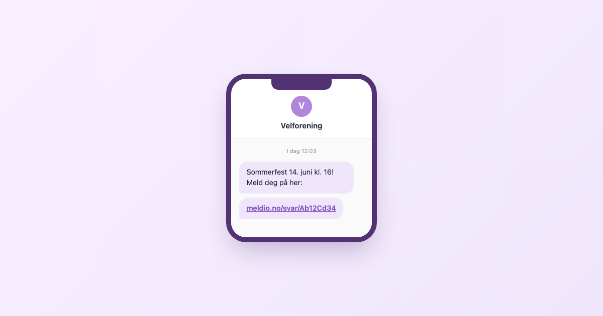 SMS-invitasjon til sommerfest med personlig påmeldingslenke, slik mottakeren ser den